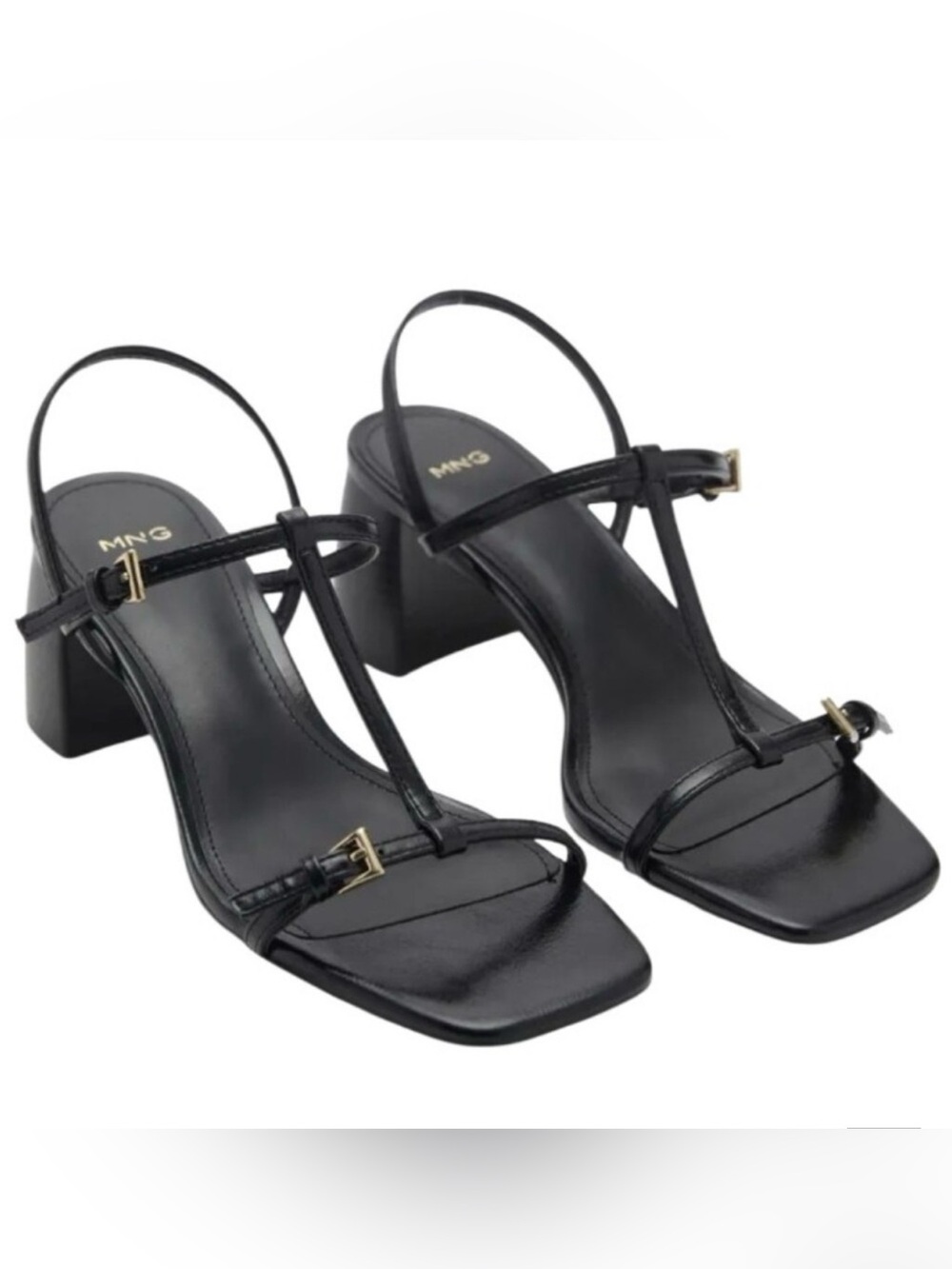 Mango Black Strappy Square-Toe Block Heels